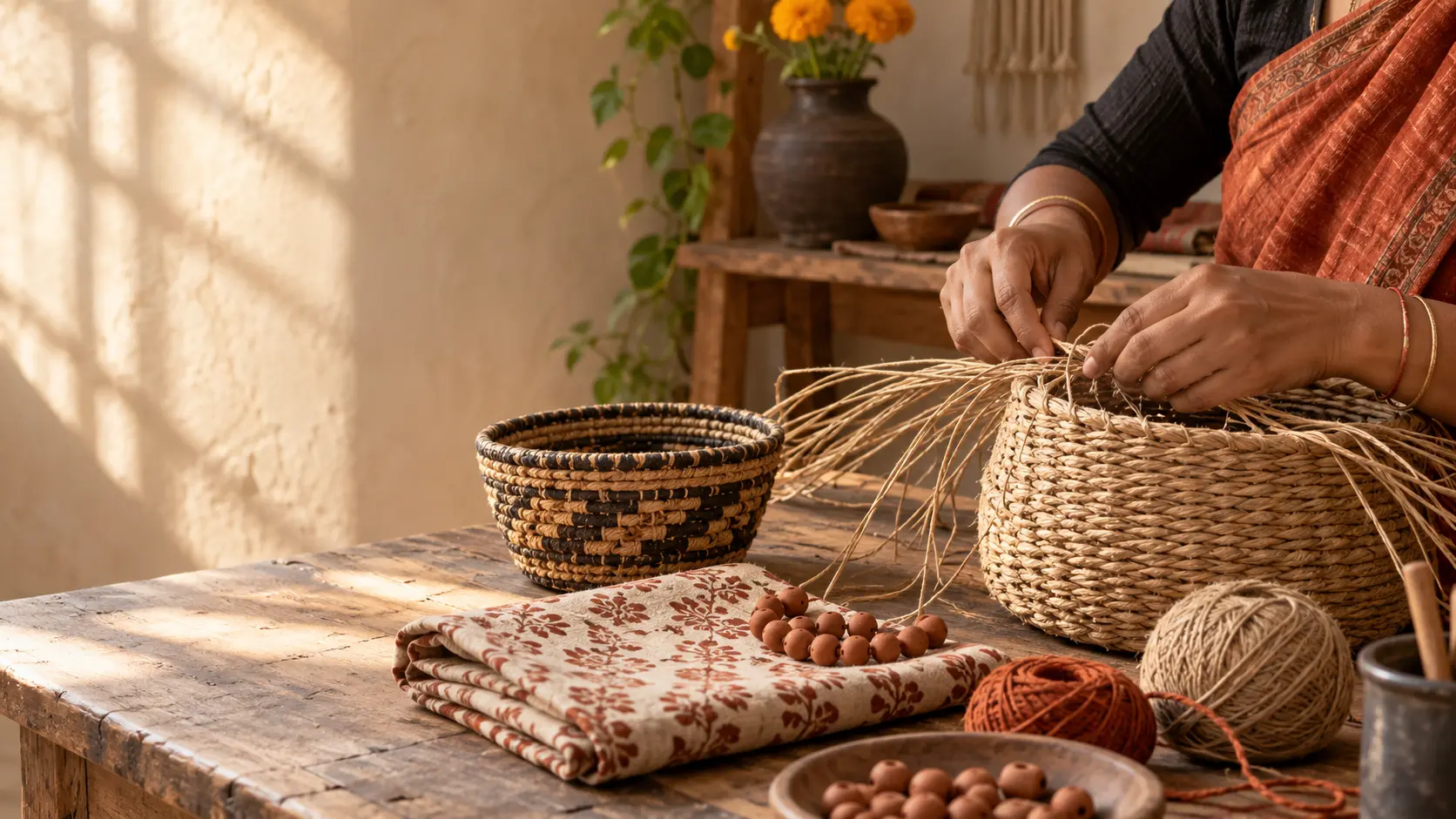 An artisan carefully hand-weaving a basket beside natural yarn and block-printed fabric