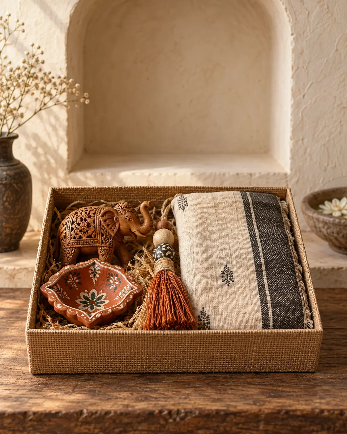 Handicraft gift box with carved wooden elephant, painted diya and woven textile