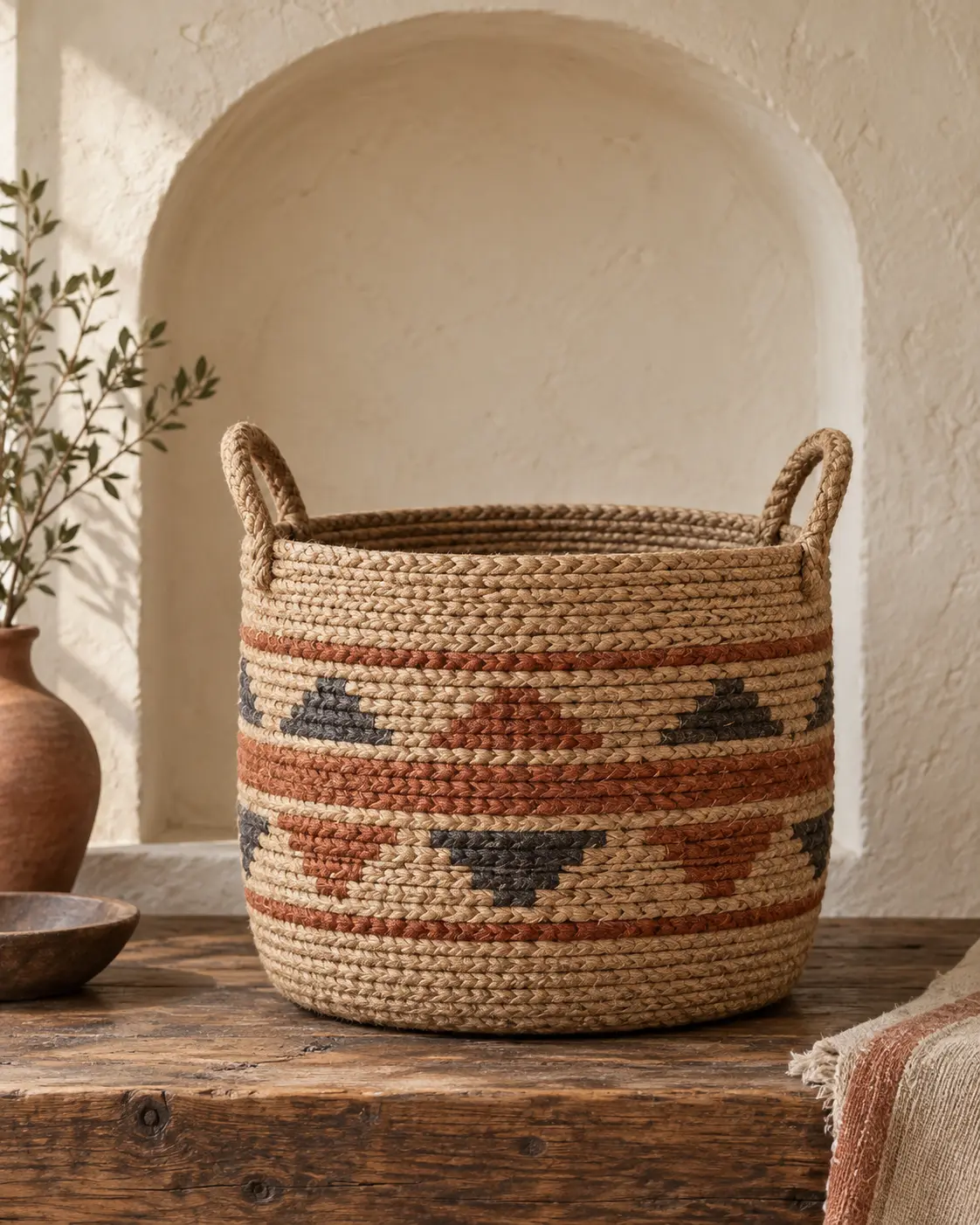 Handwoven natural-fibre basket with terracotta and charcoal patterns